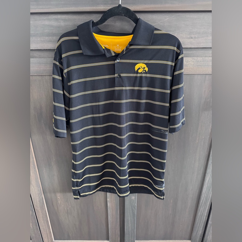 Antigua Men’s Medium Iowa Hawkeye Black and Gold Striped Polo Shirt